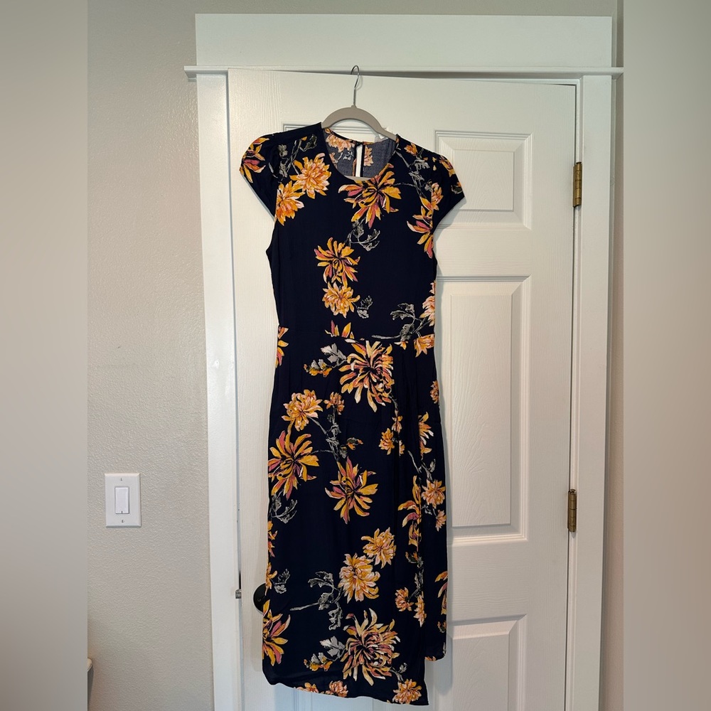 Blue and Gold Floral Midi Dress